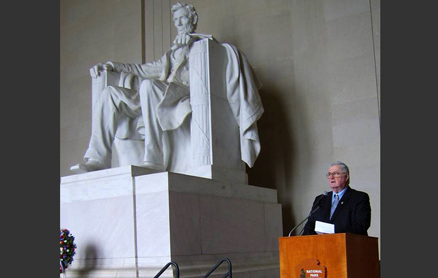 Rear Admiral Carey of The Flag & General Officers' Network speaking at the Lincoln Memorial